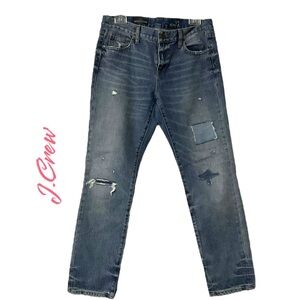 J.Crew Boyfriend Blue Denim Jean SZ 27‎ Women Straight Leg Distress Frayed Patch